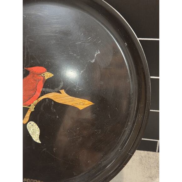 Couroc of Monterey Red Cardinal Bird on Branch Round Black Tray Platter 10½" GUC - Picture 3 of 11